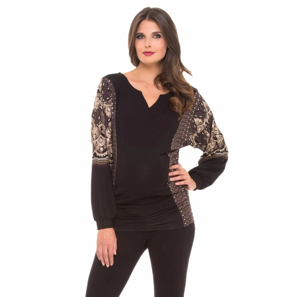 OLIAN Maternity Women's Black Arabesque Print Camila Tunic Top Smal $123 NWT USA